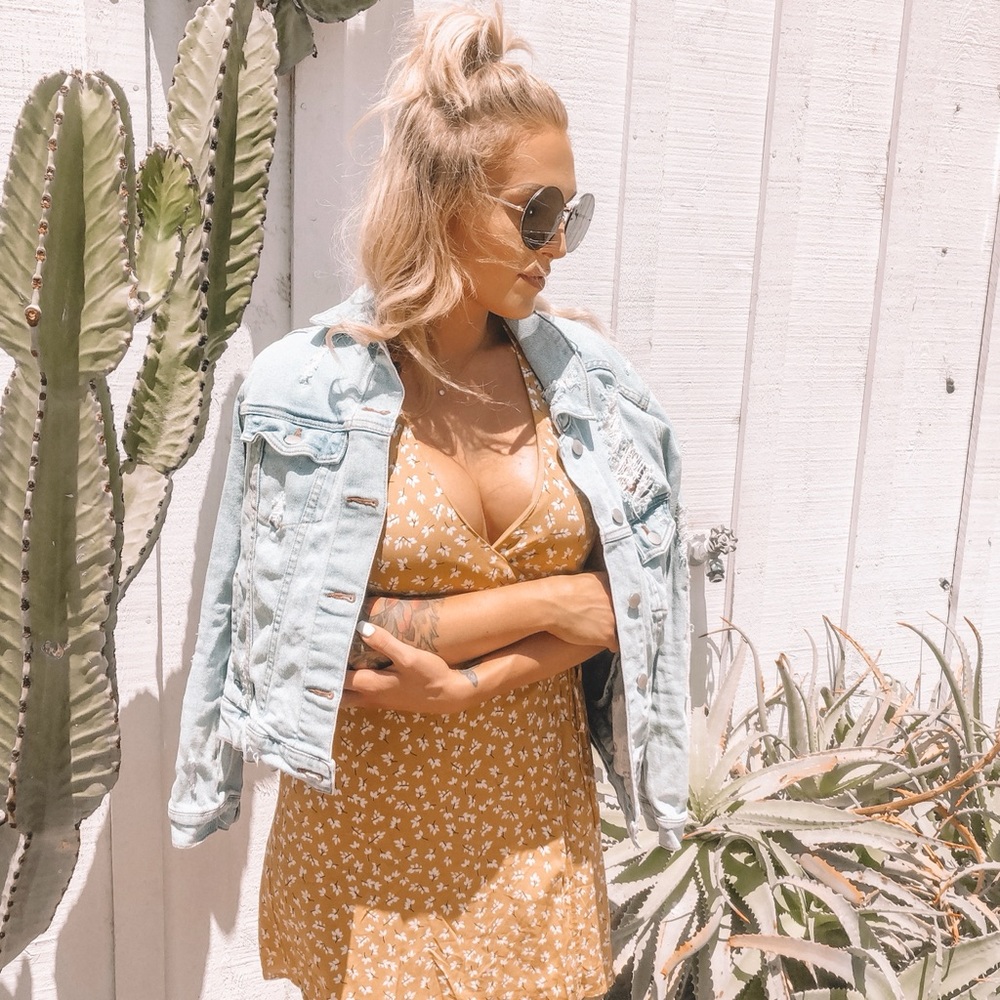 Yellow floral wrap dress